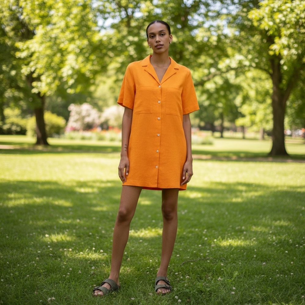 Everlane The Linen Workwear Shirt Dress Turmeric Orange - Picture 9 of 9